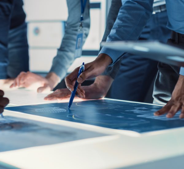 Engineer,,Scientists,And,Developers,Gathered,Around,Illuminated,Conference,Table,In